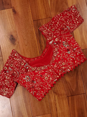 Bright Red Heavy zardosi work blouse with net overlay