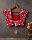 Red pure silk blouse with multi color intricate thread work