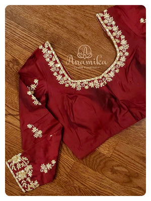 Brown full sleeves blouse with gold embroidery