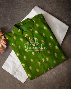 Leaf Green Silk Kurta with zari woven buttas