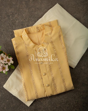 Light Lemon Yellow Kurta with tiny little gold buttas - 2