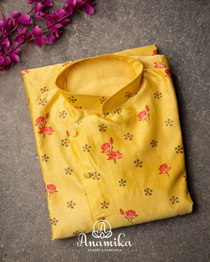 Yellow Floral Chanderi Silk Kurta with stylish side buttons