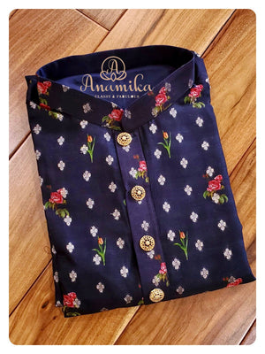 Dark Blue Floral Chanderi Kurta with zari woven buttis