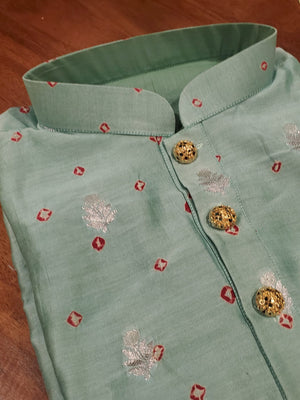 Pastel Mint Green Bandini Silk Kurta with zari woven buttis
