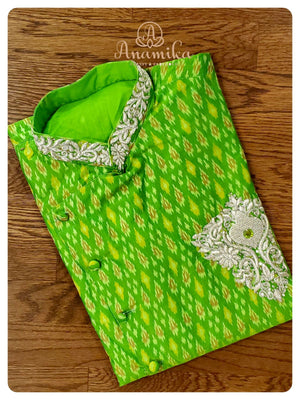 Leaf Green Ikkat Silk Kurta with zardosi work motif