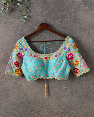 Blue blouse with intricate multi color floral thread work - Stunning !