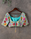 Blue blouse with intricate multi color floral thread work - Stunning !