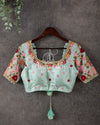 Pastel blue pure silk blouse with intricate multi color floral thread work