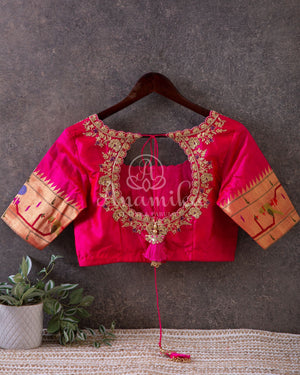 Hot Pink Pure Paithani Blouse with embroidery