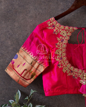 Hot Pink Pure Paithani Blouse with embroidery