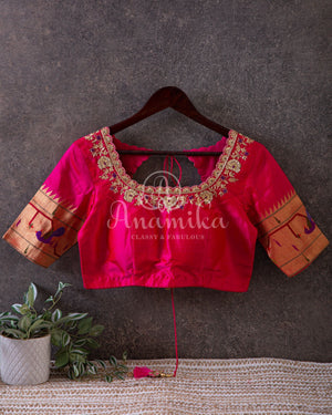Hot Pink Pure Paithani Blouse with embroidery