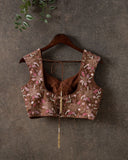 Light brown blouse with multi color thread and cutdana work - broad shoulder sleeveless blouse