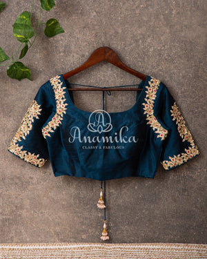 Peacock Blue Blouse with gold work