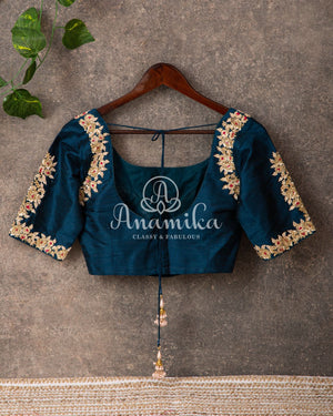 Peacock Blue Blouse with gold work