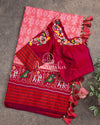 Peach Twill Silk Saree with maroonish red handwoven patola border