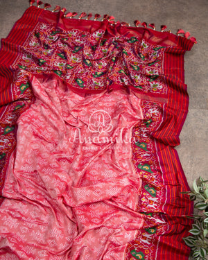 Peach Twill Silk Saree with maroonish red handwoven patola border