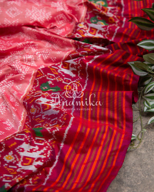Peach Twill Silk Saree with maroonish red handwoven patola border