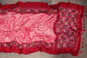 Peach Twill Silk Saree with maroonish red handwoven patola border