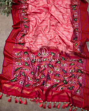 Peach Twill Silk Saree with maroonish red handwoven patola border