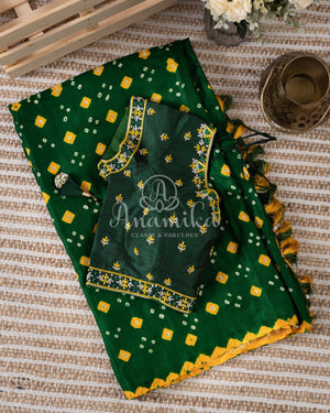 Green/Yellow Pure Gaji Silk saree with bandini and gharchola pallu