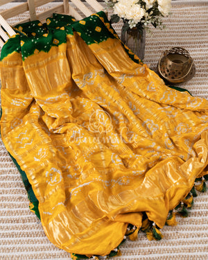 Green/Yellow Pure Gaji Silk saree with bandini and gharchola pallu