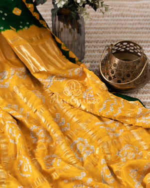 Green/Yellow Pure Gaji Silk saree with bandini and gharchola pallu