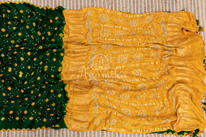 Green/Yellow Pure Gaji Silk saree with bandini and gharchola pallu