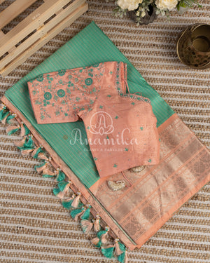 Sea Green Gadwal Saree with Peach Border