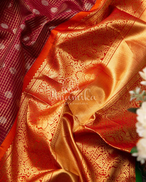 Brown Gadwal saree with grand kanchi pattu border in orange