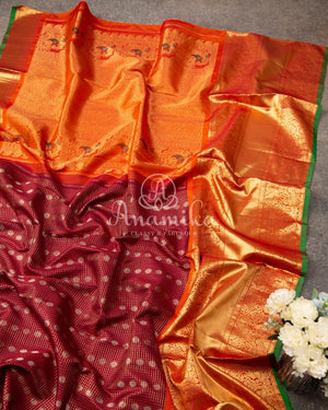 Brown Gadwal saree with grand kanchi pattu border in orange