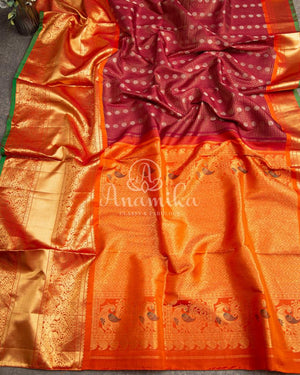 Brown Gadwal saree with grand kanchi pattu border in orange
