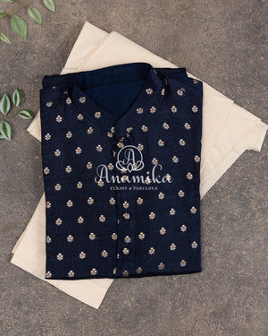 Dark Navy Blue Kurta on silk base with zari buttas