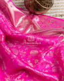 Hot Pink Kanchipattu saree with contrast mehendi green blouse with heavy zardosi work