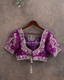 Purple Elbow sleeves blouse with heavy silver zardosi work