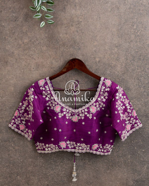 Purple Elbow sleeves blouse with heavy silver zardosi work