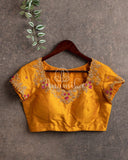 Mustard yellow short sleeves blouse with zardosi work