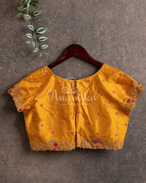 Mustard yellow short sleeves blouse with zardosi work