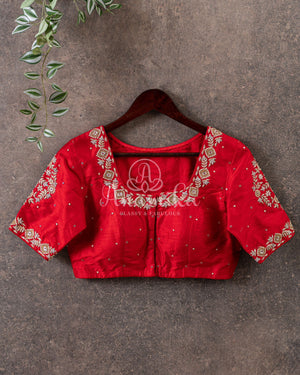 Red blouse with silver zardosi work - elbow sleeves