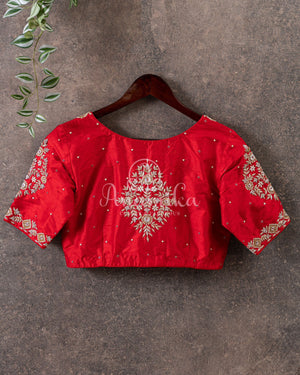 Red blouse with silver zardosi work - elbow sleeves