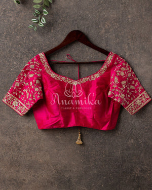 Hot Pink Blouse with light gold zardosi and zari embroidery