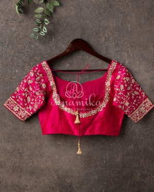 Hot Pink Blouse with light gold zardosi and zari embroidery