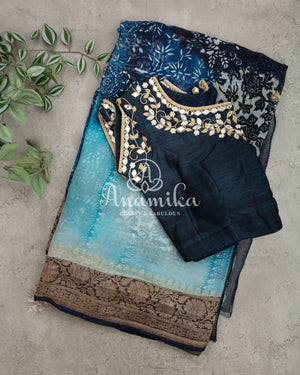 Banarasi Chiffon Georgette saree with digital print and a lovely mirror work blouse