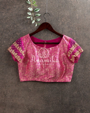 Pink Pure Brocade Blouse with Net Sleeves