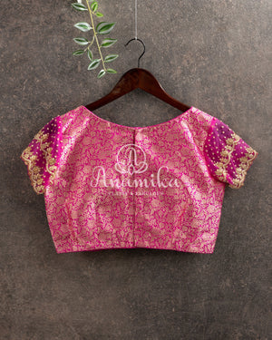 Pink Pure Brocade Blouse with Net Sleeves