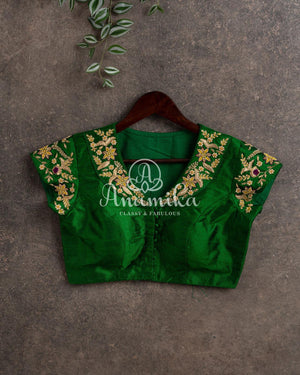 Dark Green Peter Pan Collar Blouse with gold zardosi work