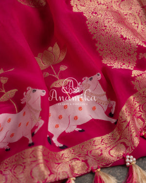Hot Pink Banarasi georgette saree with pichwai pallu and pure brocade blouse
