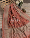 Peach Floral Chiffon Banarasi saree with stylish net overlay floral blouse