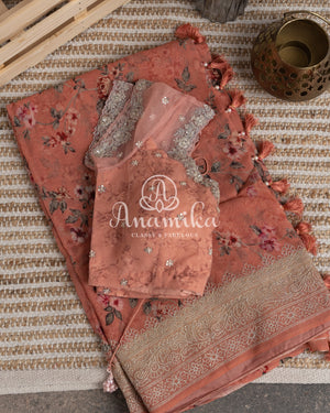 Peach Floral Chiffon Banarasi saree with stylish net overlay floral blouse