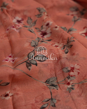 Peach Floral Chiffon Banarasi saree with stylish net overlay floral blouse