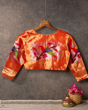 Orange Tissue Pure Paithani Blouse with Light Pink - Parrot Design